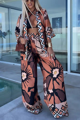 Cymbeline Satin Floral Print Belted Kimono Top and Elastic Waist Pants Set